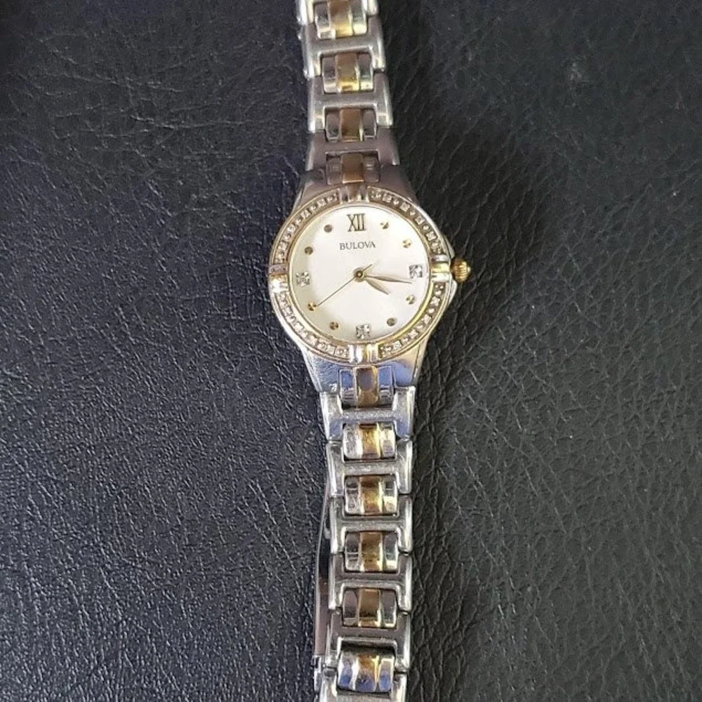 Bulova Womens Two Tone Diamond Accent Watch White Dial Roman Numeral 98R107